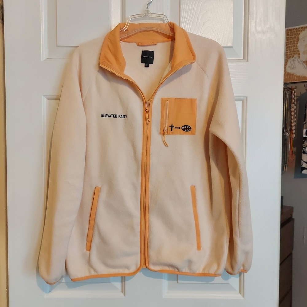 Elevated Faith Small Cream Orange Full Zip Fleece Jacket Small Mock Neck Pocket